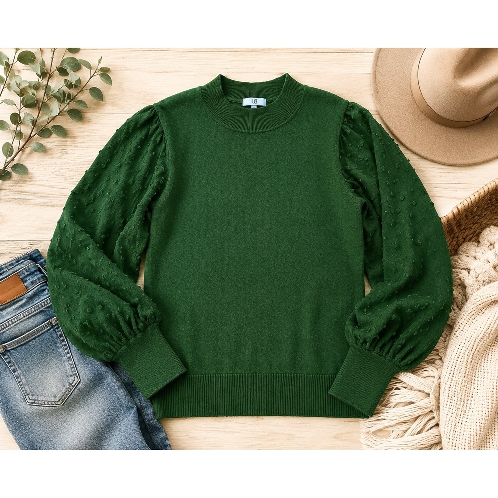 CeCe Womens Swiss Dot Puff Sleeve Mock Neck Sweater M Green Cotton Blend